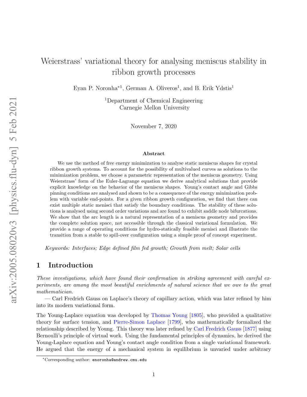 Weierstrass' Variational Theory for Analysing Meniscus Stability