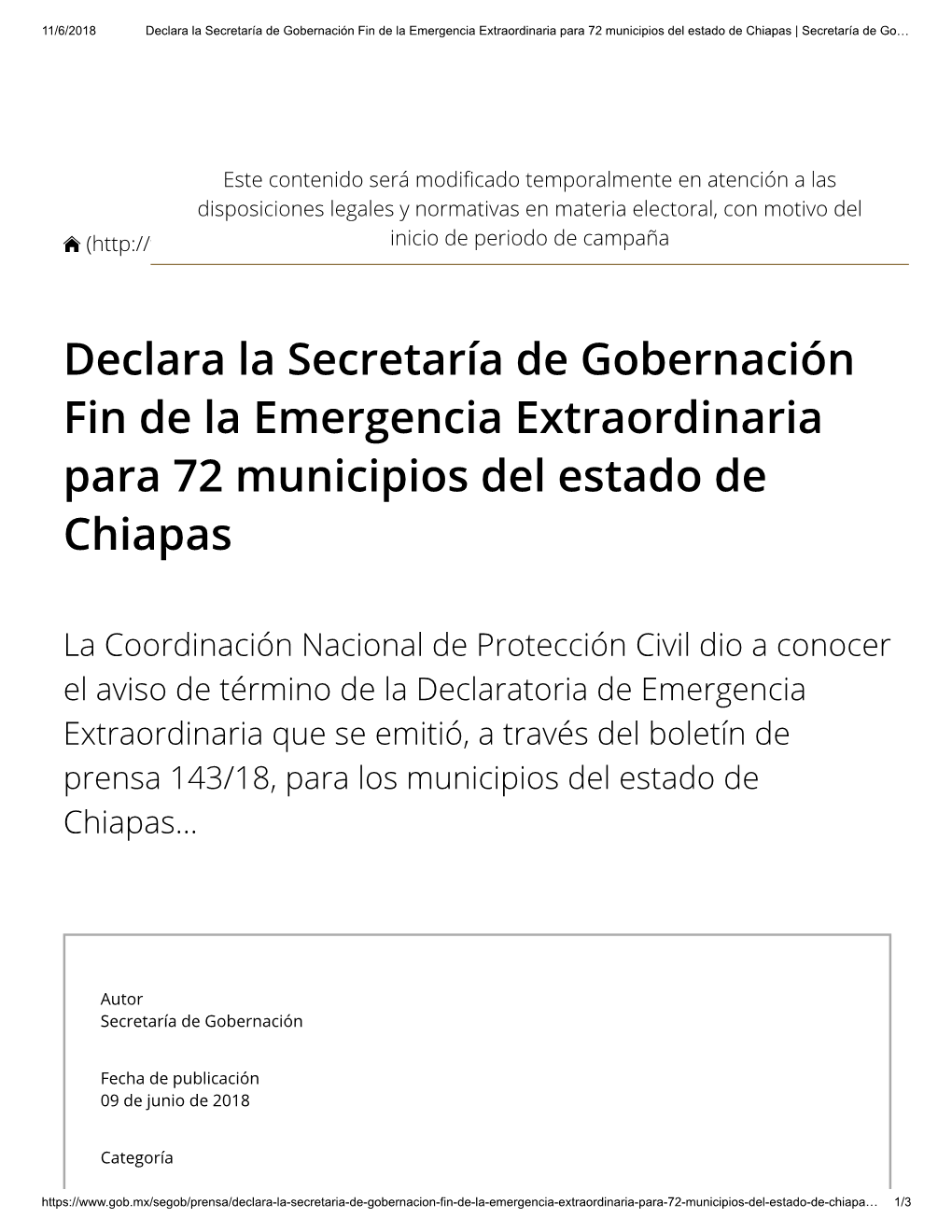 Declara La Secretaría De Gobernación Fin De La Emergencia Extraordinaria Para 72 Municipios Del Estado De Chiapas | Secretaría De Go…