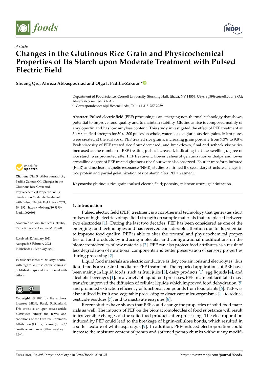 Changes in the Glutinous Rice Grain and Physicochemical Properties of Its Starch Upon Moderate Treatment with Pulsed Electric Field