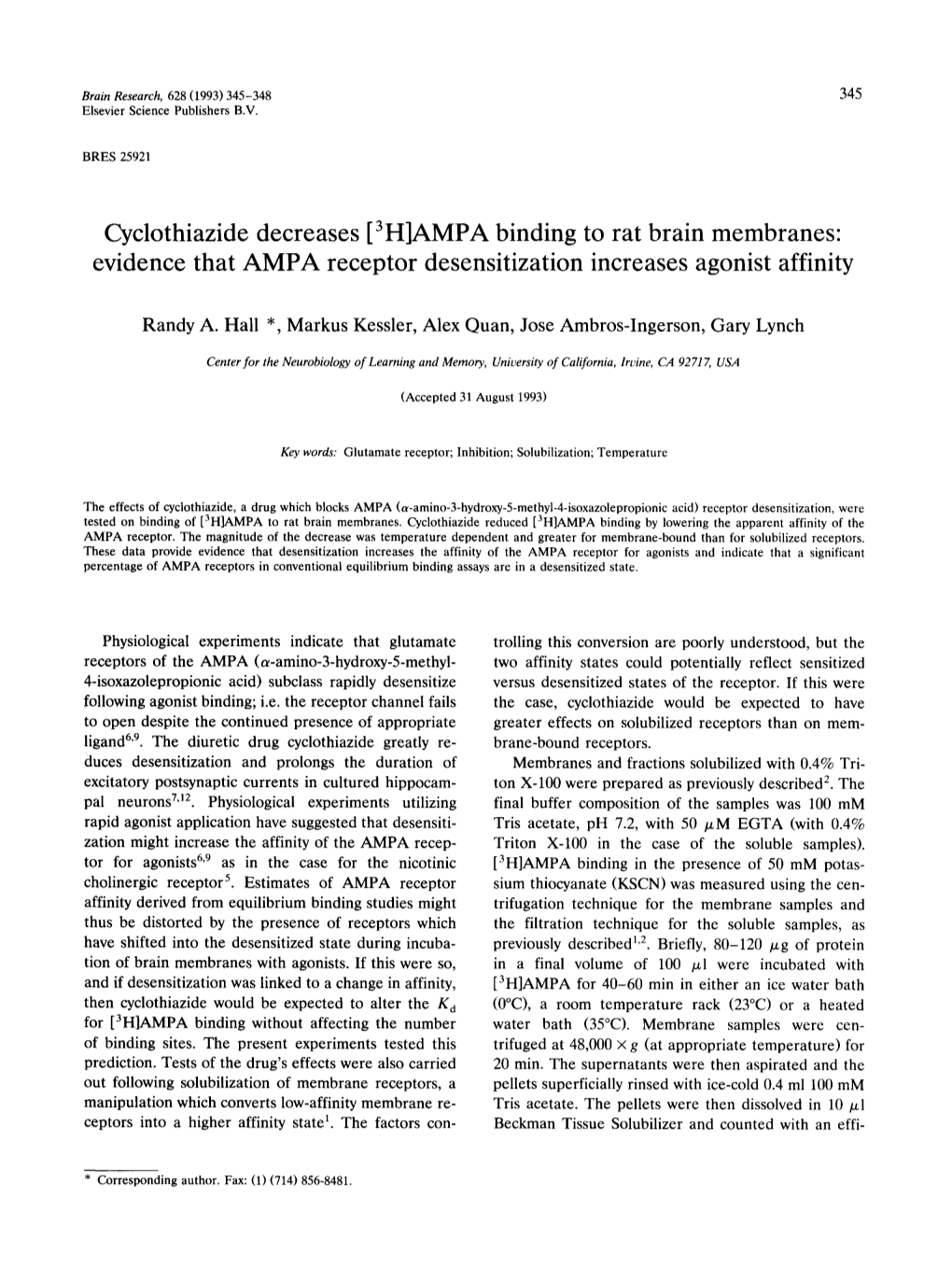 Cyclothiazide Decreases [3H]AMPA Binding to Rat Brain Membranes: Evidence That AMPA Receptor Desensitization Increases Agonist Affinity