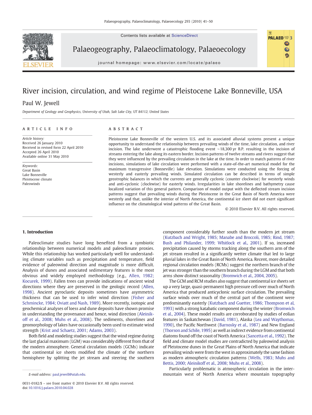 River Incision, Circulation, and Wind Regime of Pleistocene Lake Bonneville, USA