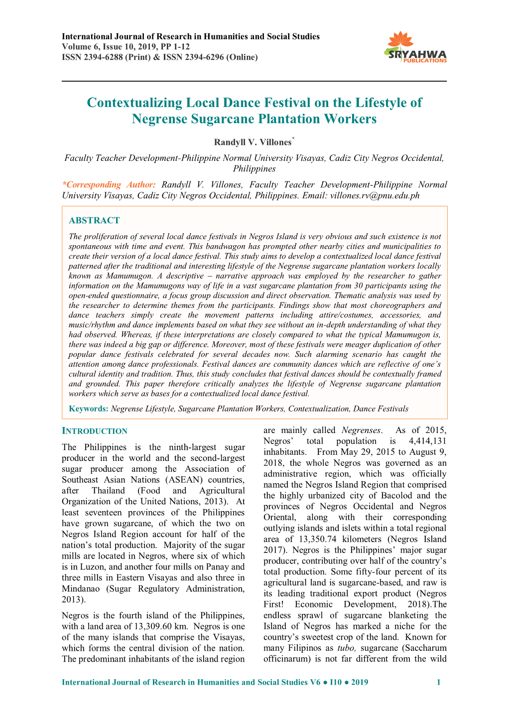 Contextualizing Local Dance Festival on the Lifestyle of Negrense Sugarcane Plantation Workers