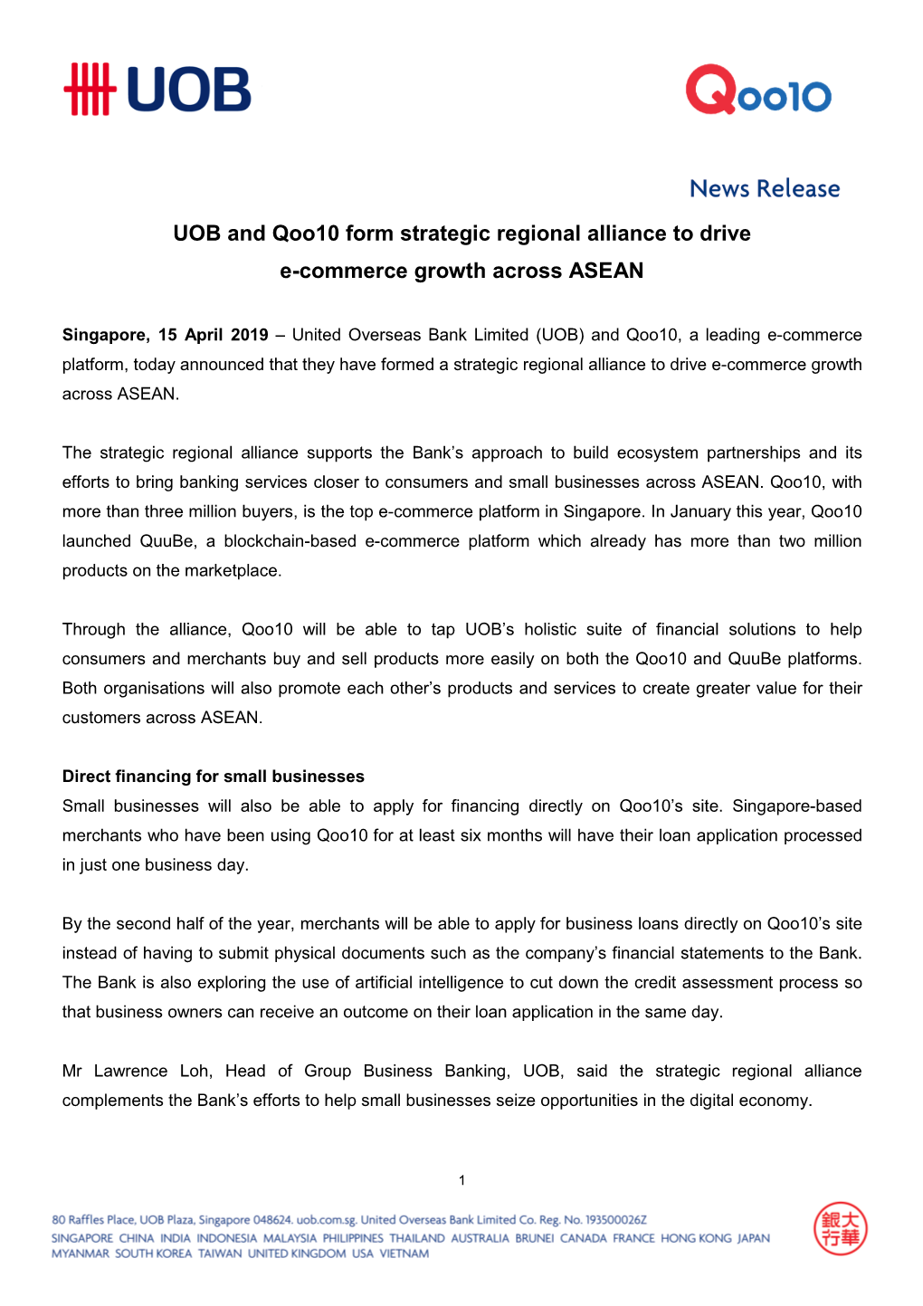 UOB and Qoo10 Form Strategic Regional Alliance to Drive E-Commerce Growth Across ASEAN