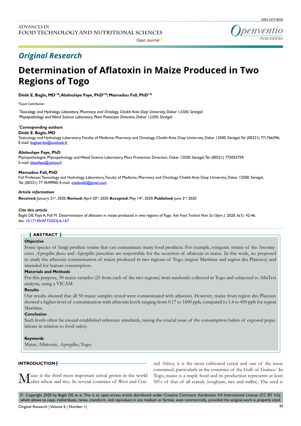 Determination of Aflatoxin in Maize Produced in Two Regions of Togo