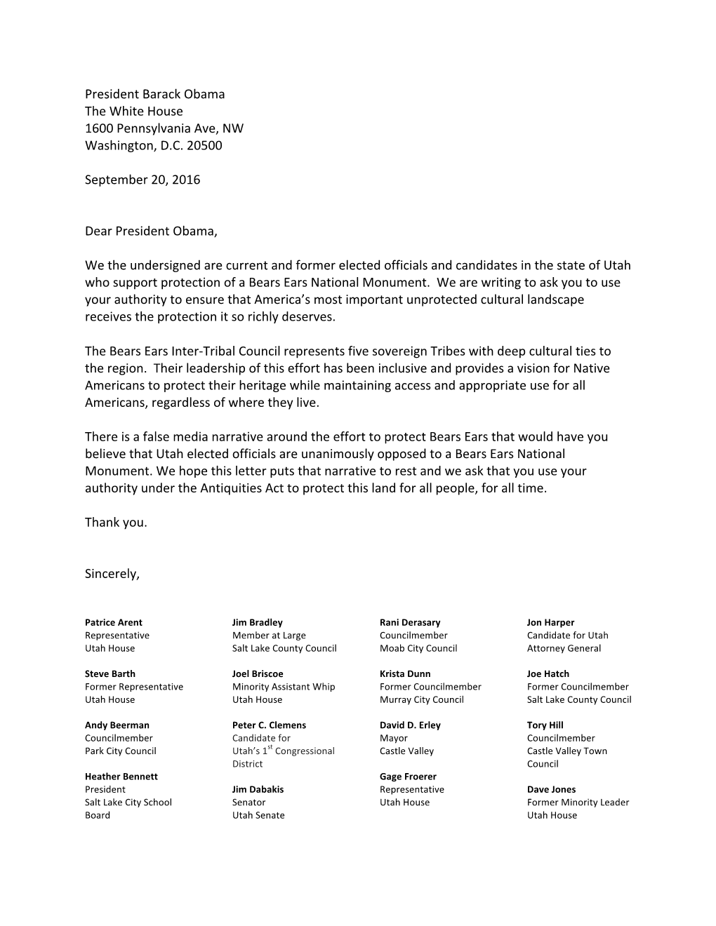 Letter of Support for Bears Ears National Monument from Utah
