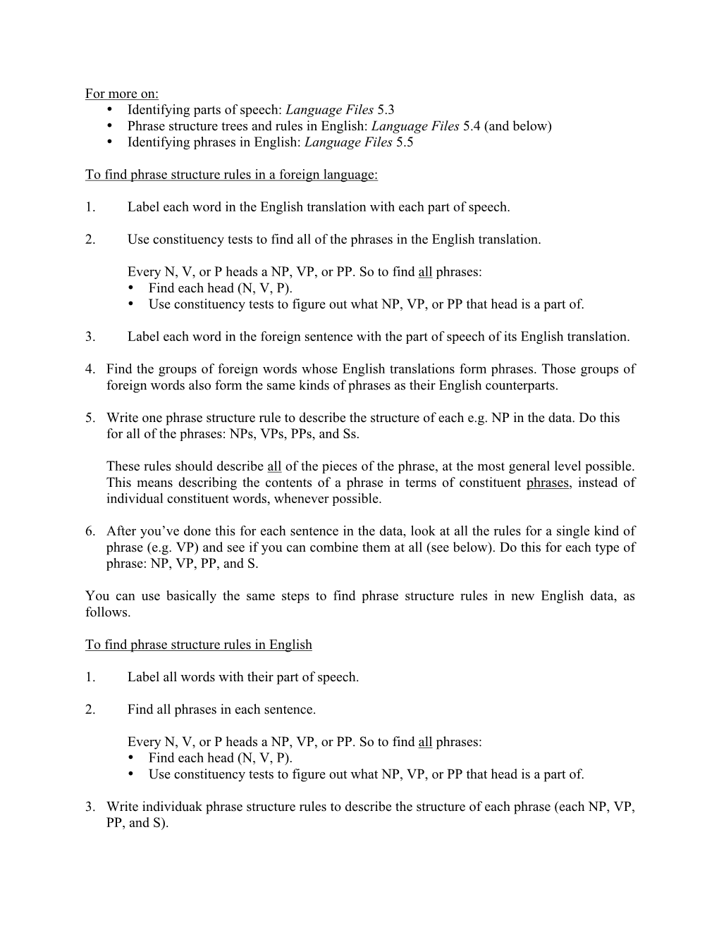 Language Files 5.3 • Phrase Structure Trees and Rules in English: Language Files 5.4 (And Below) • Identifying Phrases in English: Language Files 5.5