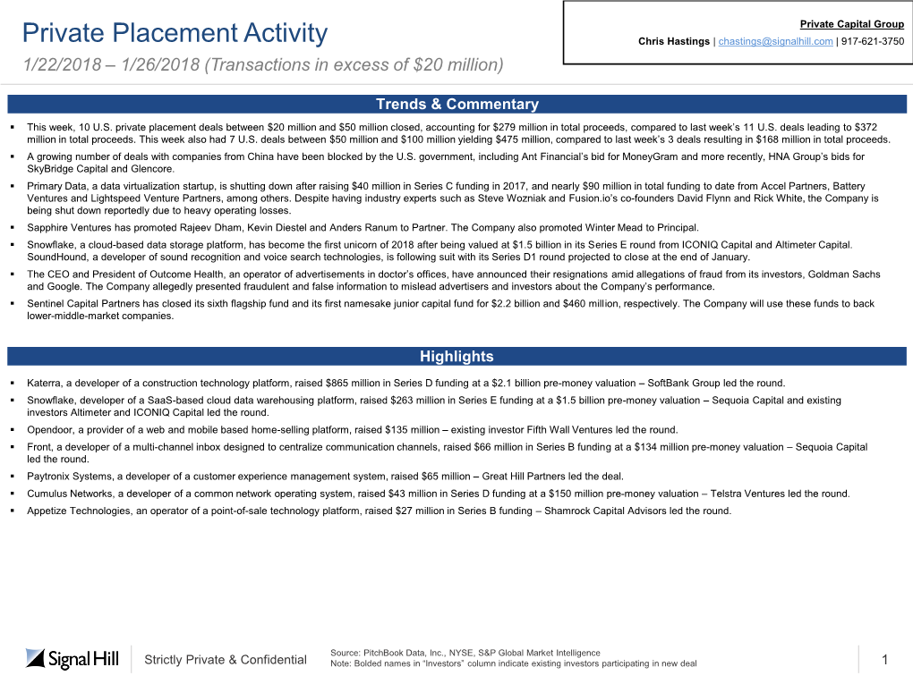 Private Placement Activity Chris Hastings | Chastings@Signalhill.Com | 917-621-3750 1/22/2018 – 1/26/2018 (Transactions in Excess of $20 Million)