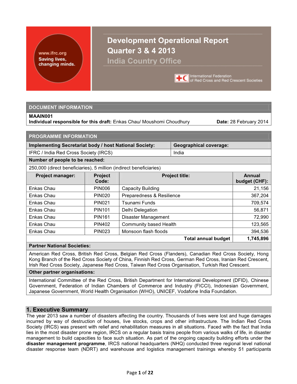 Development Operational Report Quarter 3 & 4 2013 India Country