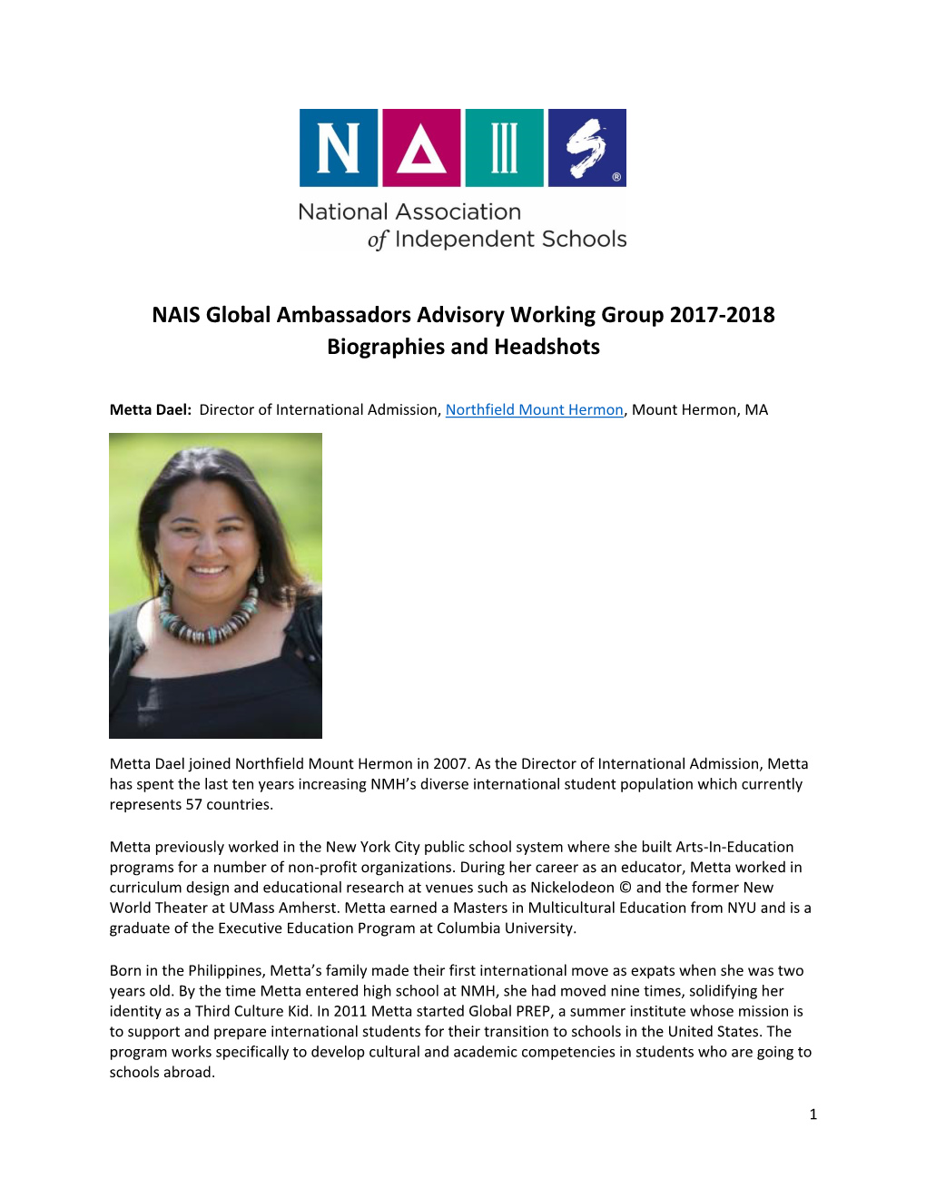 NAIS Global Ambassadors Advisory Working Group 2017-2018 Biographies and Headshots