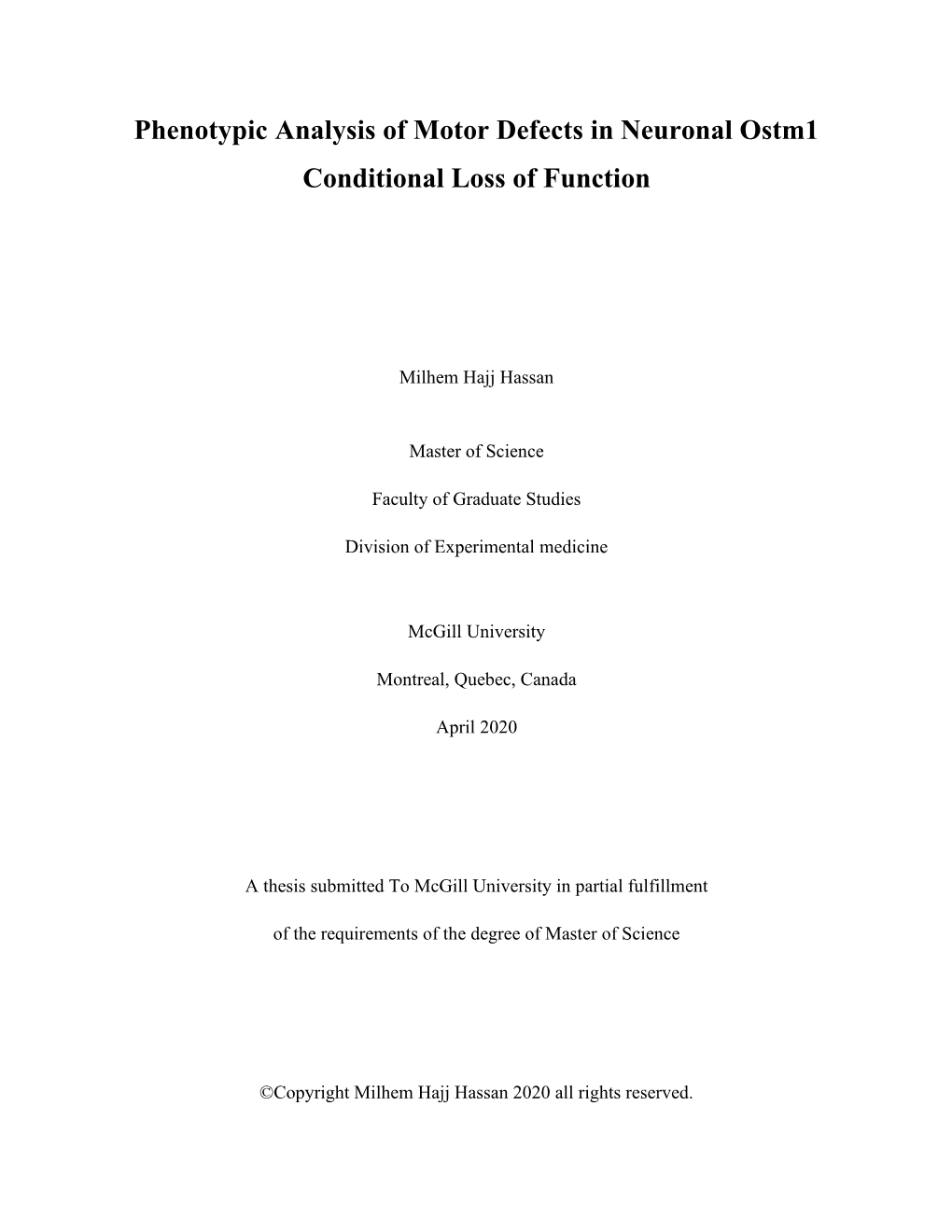 Phenotypic Analysis of Motor Defects in Neuronal Ostm1 Conditional Loss of Function