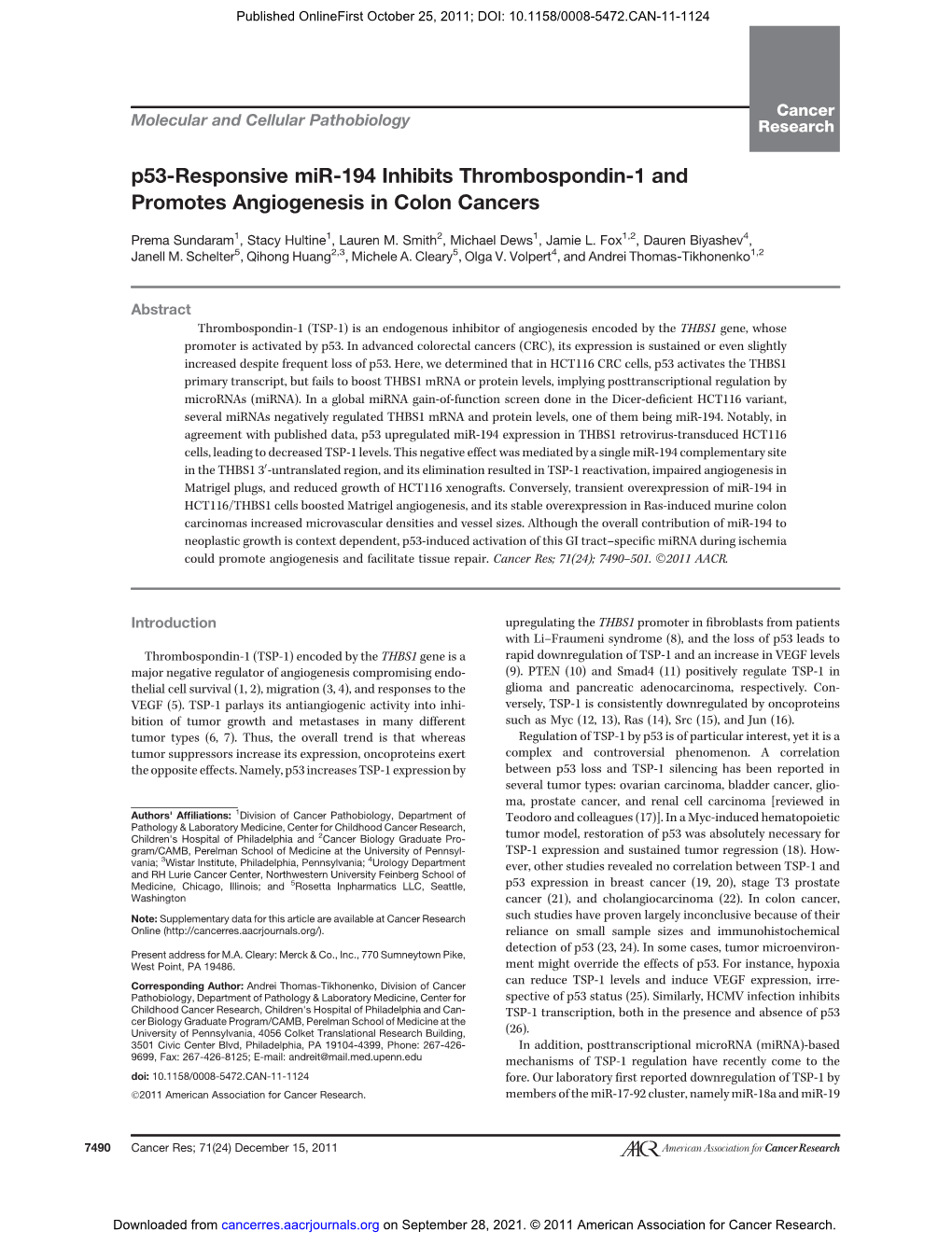 P53-Responsive Mir-194 Inhibits Thrombospondin-1 and Promotes Angiogenesis in Colon Cancers