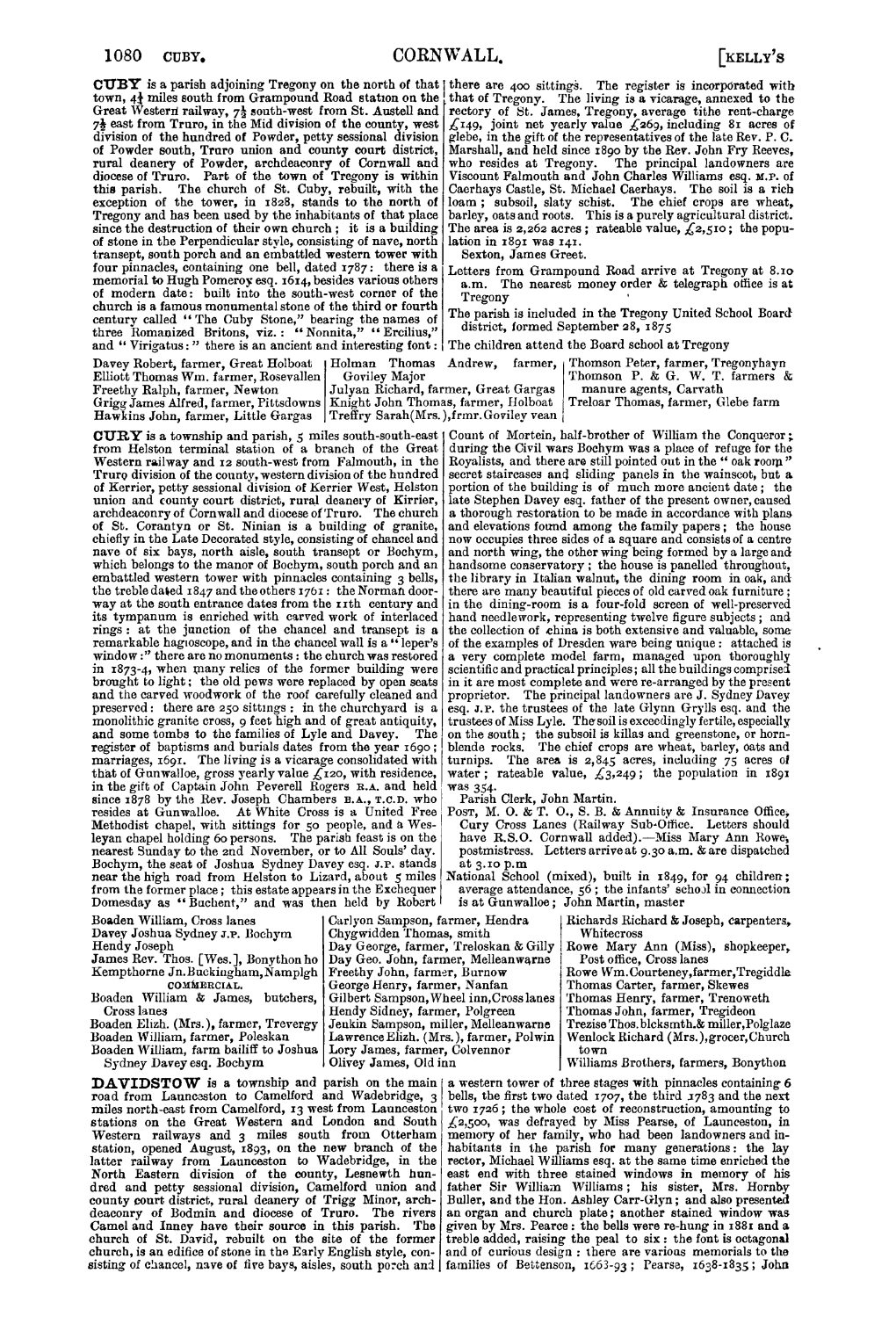 CORNWALL. [KELLY's CUBY Is a Parish Adjoining Tregony on the North of That L There Are 400 Sittings