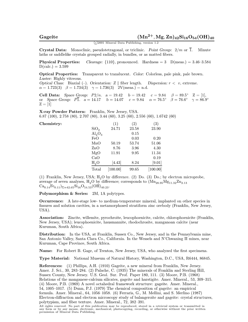 Gageite (Mn ; Mg; Zn)42Si16o54(OH)40 C 2001 Mineral Data Publishing, Version 1.2 ° Crystal Data: Monoclinic, Pseudotetragonal, Or Triclinic