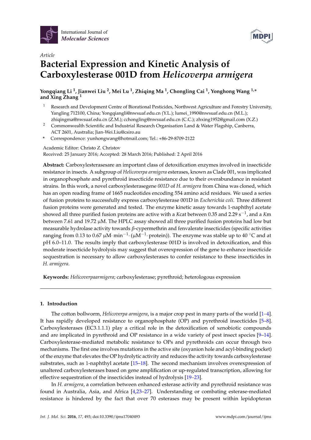 Bacterial Expression and Kinetic Analysis of Carboxylesterase 001D from Helicoverpa Armigera