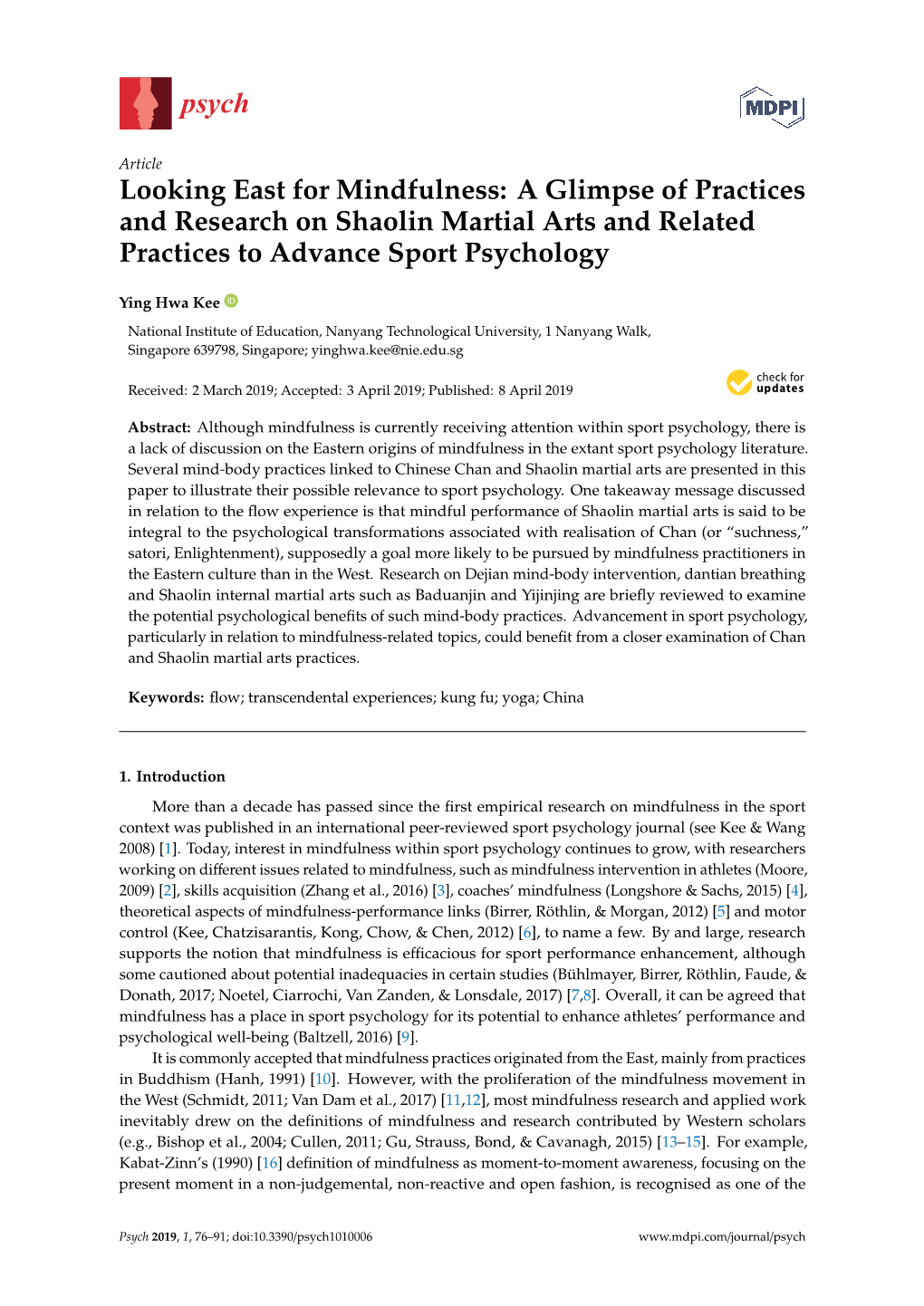 A Glimpse of Practices and Research on Shaolin Martial Arts and Related Practices to Advance Sport Psychology