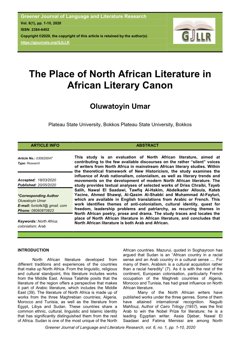 The Place of North African Literature in African Literary Canon