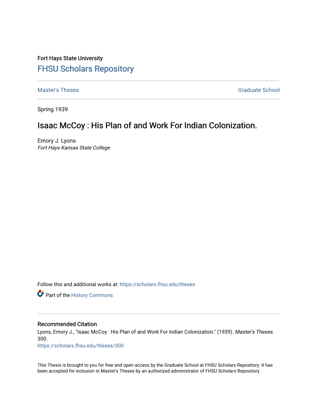 Isaac Mccoy : His Plan of and Work for Indian Colonization