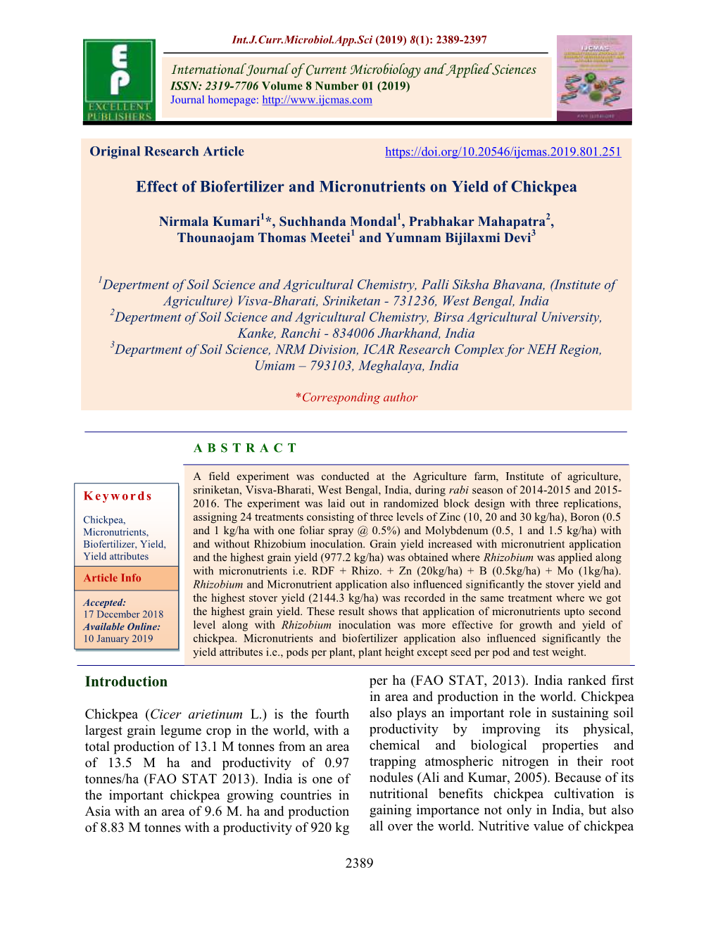 Effect of Biofertilizer and Micronutrients on Yield of Chickpea