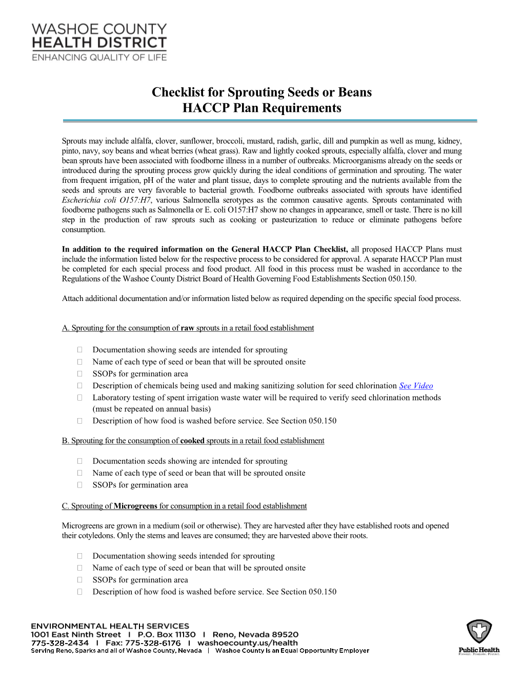 Checklist for Sprouting Seeds Or Beans HACCP Plan Requirements