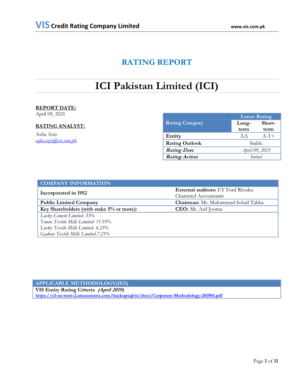 RATING REPORT ICI Pakistan Limited (ICI)