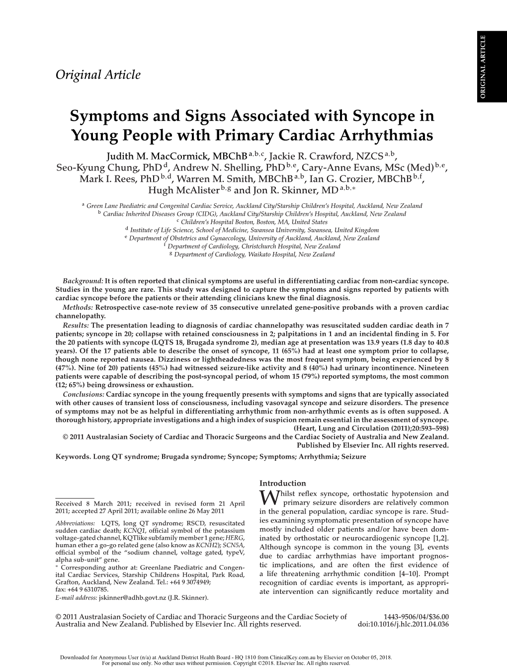 Symptoms and Signs Associated with Syncope in Young People