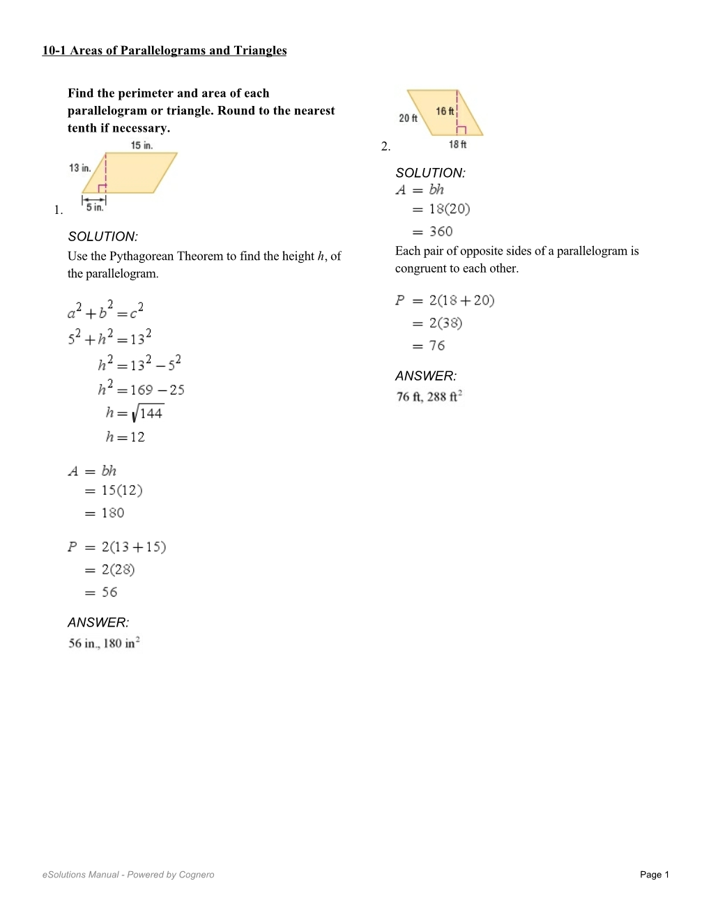 Find the Perimeter and Area of Each Parallelogram Or Triangle