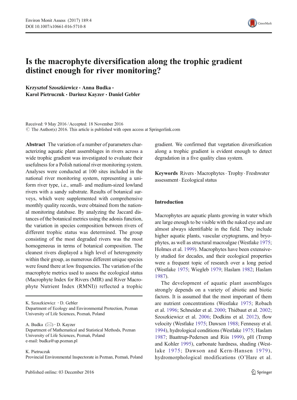 Is the Macrophyte Diversification Along the Trophic Gradient Distinct Enough for River Monitoring?