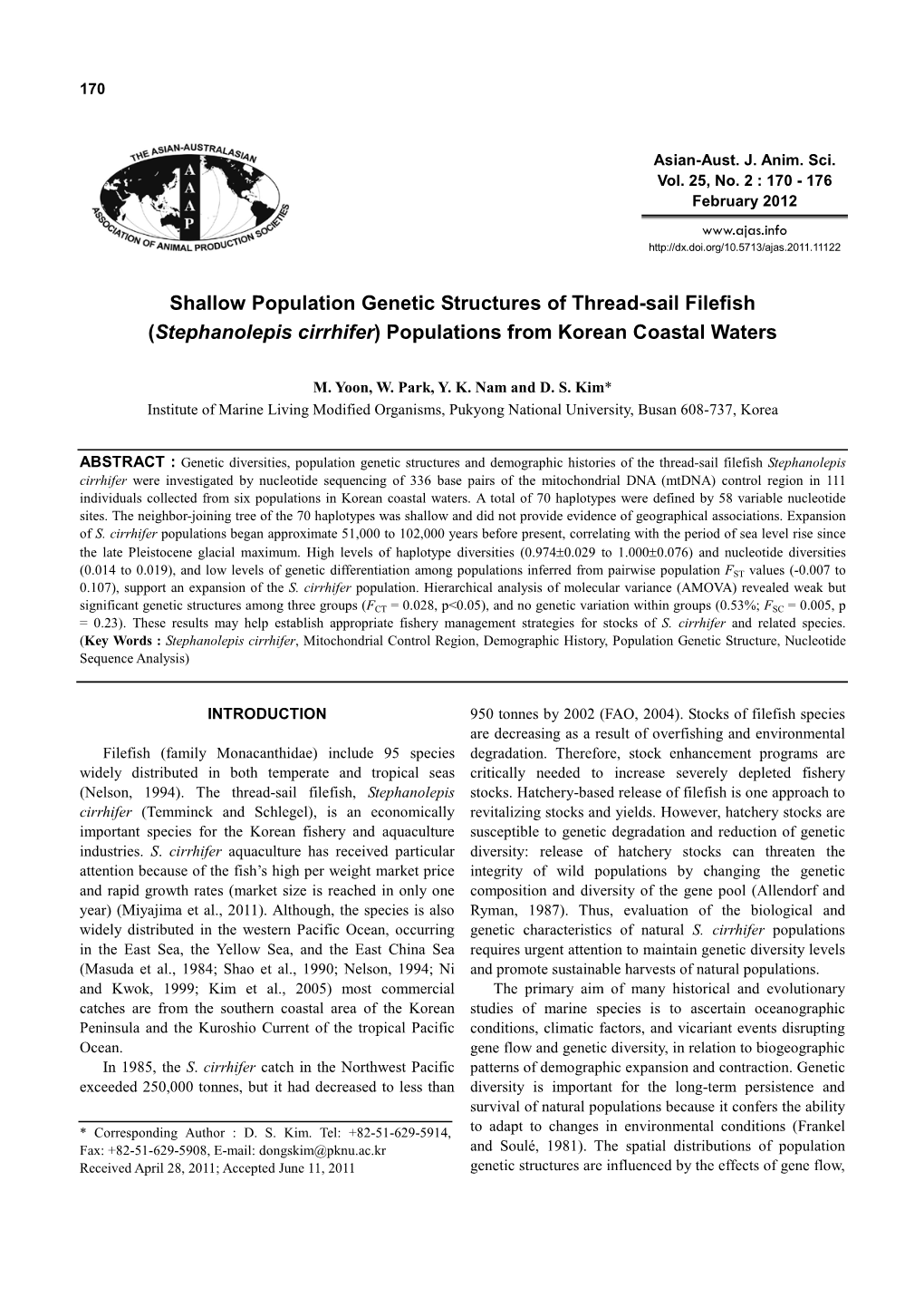 Shallow Population Genetic Structures of Thread-Sail Filefish (Stephanolepis Cirrhifer) Populations from Korean Coastal Waters