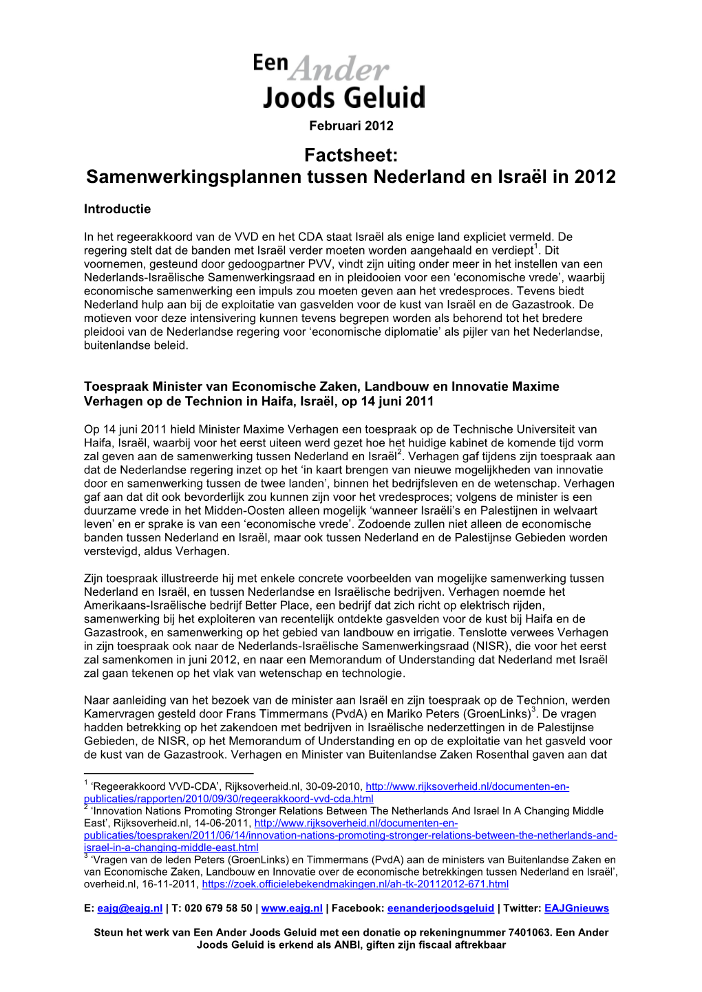 Factsheet: Samenwerkingsplannen Tussen Nederland En Israël in 2012