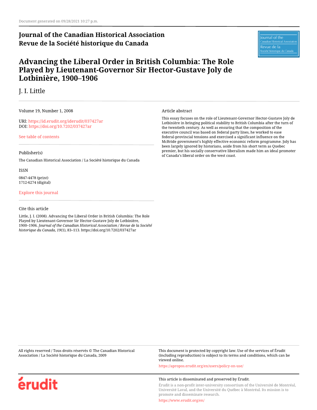 Advancing the Liberal Order in British Columbia: the Role Played by Lieutenant-Governor Sir Hector-Gustave Joly De Lotbinière, 1900–1906 J