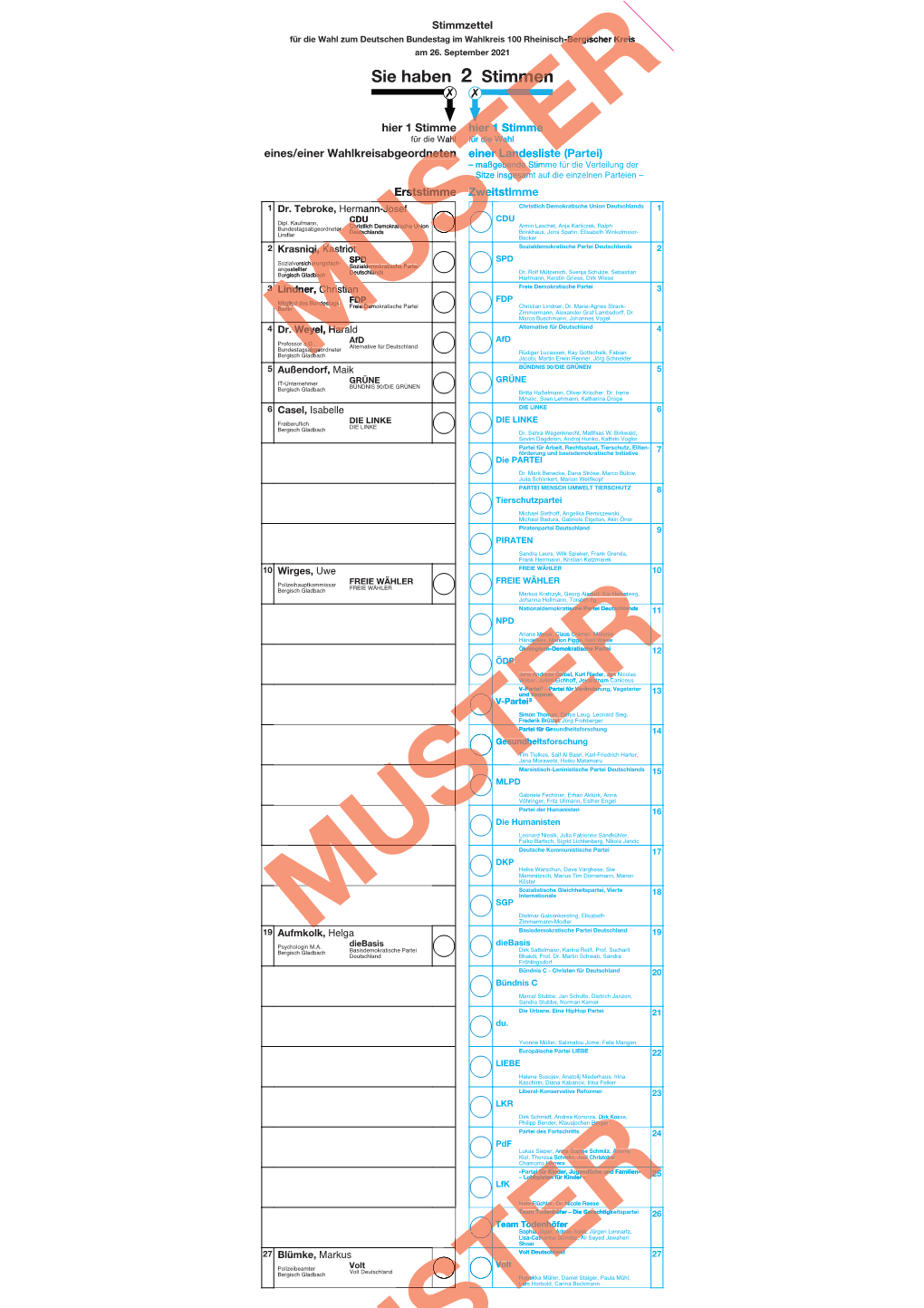 Musterstimmzettel Bundestagswahl 2021