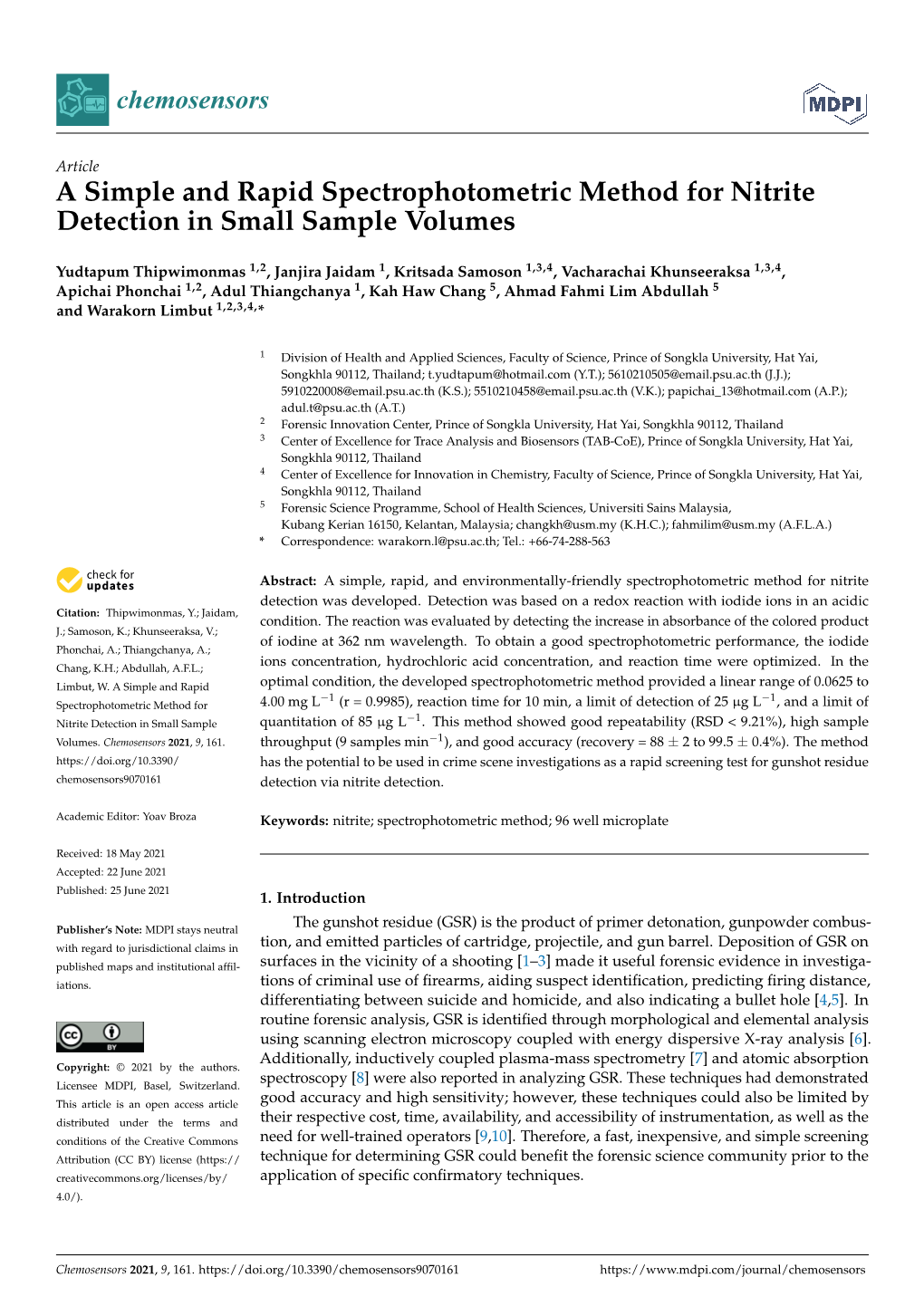 A Simple and Rapid Spectrophotometric Method for Nitrite Detection in Small Sample Volumes