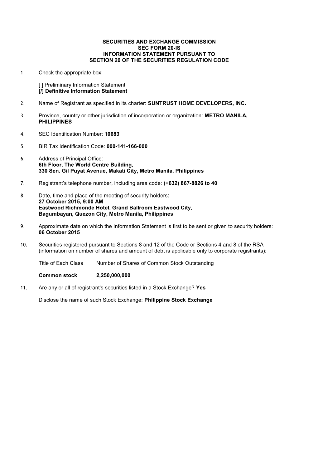 Securities and Exchange Commission Sec Form 20-Is Information Statement Pursuant to Section 20 of the Securities Regulation Code