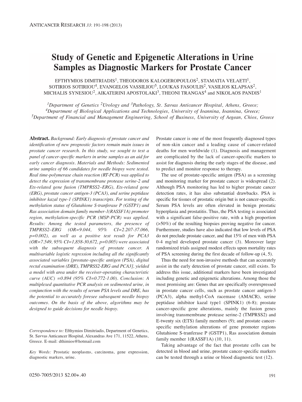 Study of Genetic and Epigenetic Alterations in Urine Samples As Diagnostic Markers for Prostate Cancer