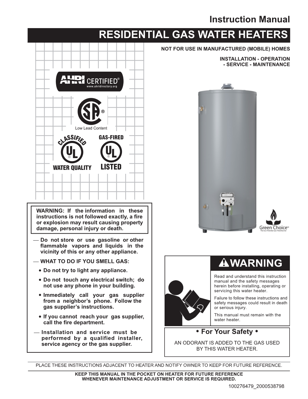 Manual RESIDENTIAL GAS WATER HEATERS