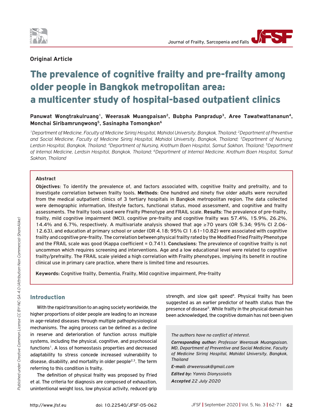 The Prevalence of Cognitive Frailty and Pre-Frailty Among Older People in Bangkok Metropolitan Area: a Multicenter Study of Hospital-Based Outpatient Clinics