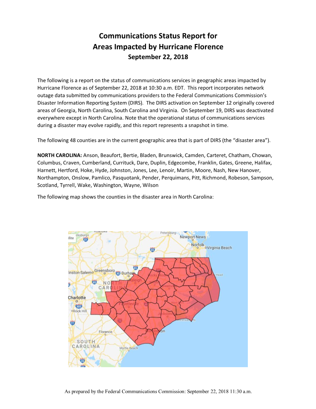 Communications Status Report for Areas Impacted by Hurricane Florence September 22, 2018