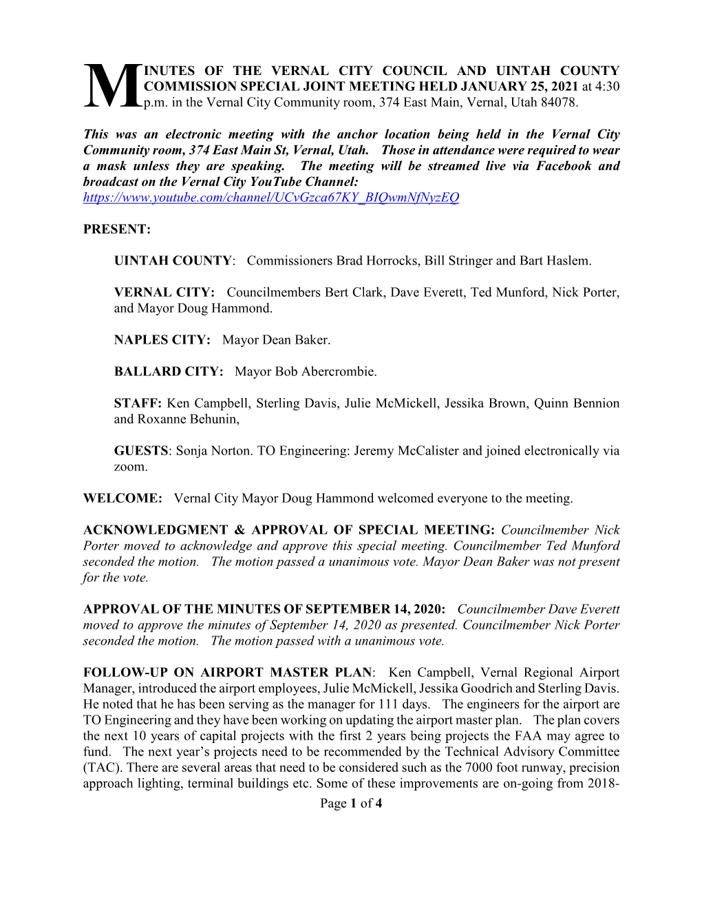 Page 1 of 4 INUTES of the VERNAL CITY COUNCIL and UINTAH COUNTY COMMISSION SPECIAL JOINT MEETING HELD JANUARY 25, 2021 at 4:30 P