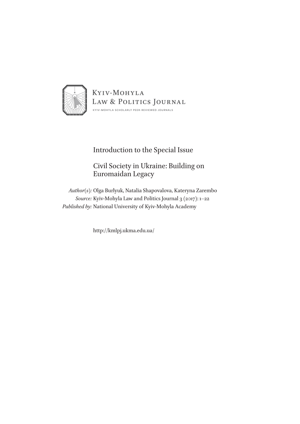 Introduction to the Special Issue Civil Society in Ukraine: Building on Euromaidan Legacy