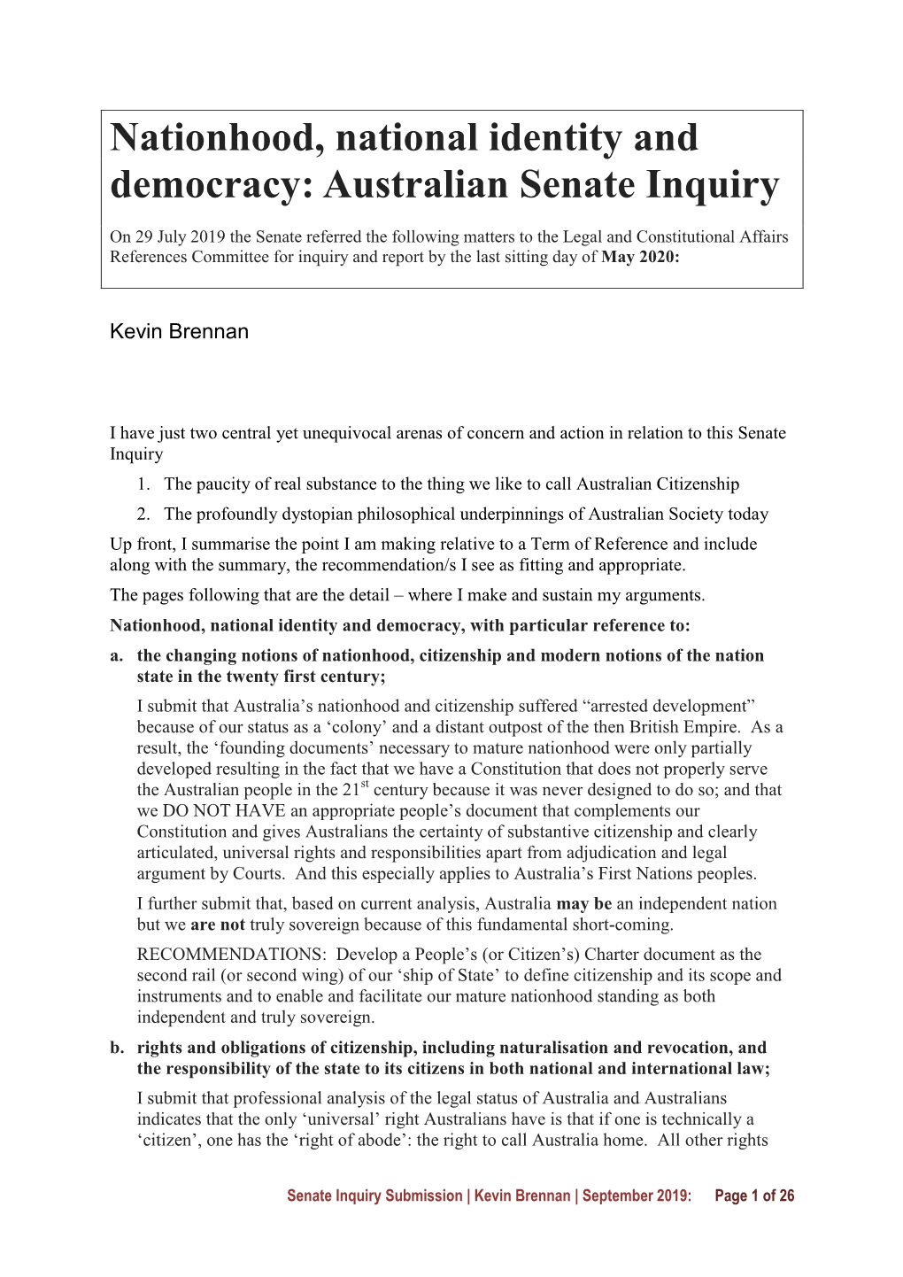 Nationhood, National Identity and Democracy: Australian Senate Inquiry