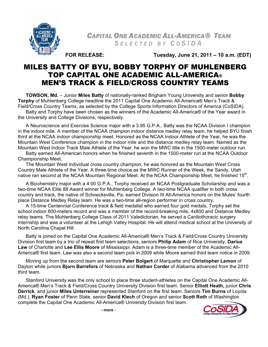 Miles Batty of Byu, Bobby Torphy of Muhlenberg Top Capital One Academic All-America® Men’S Track & Field/Cross Country Teams