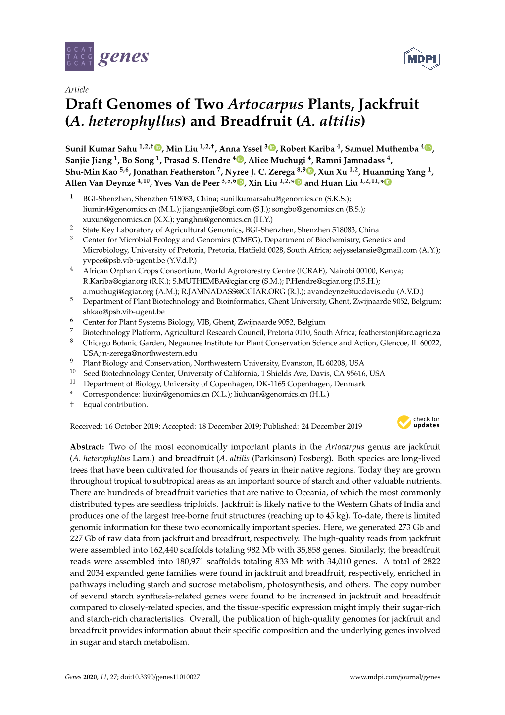 Draft Genomes of Two Artocarpus Plants, Jackfruit (A. Heterophyllus) and Breadfruit (A