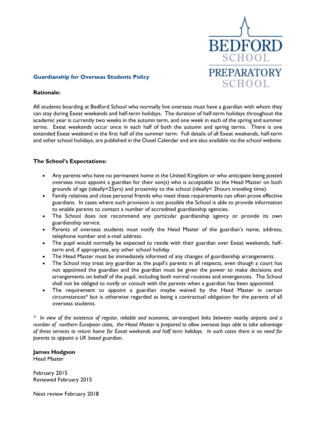 Guardianship for Overseas Students Policy Rationale