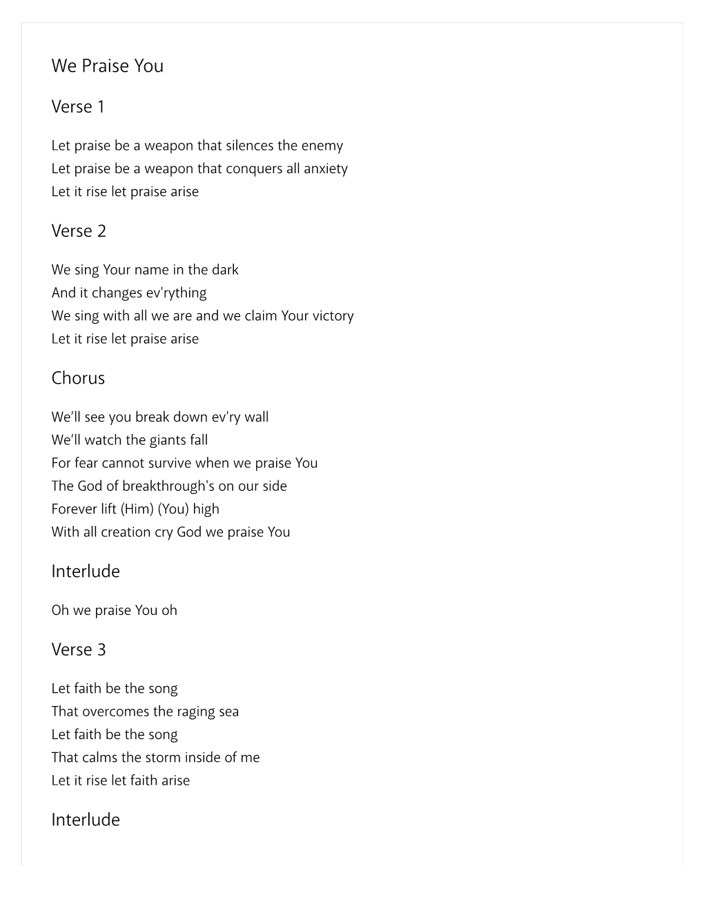 Lyrics for We Praise