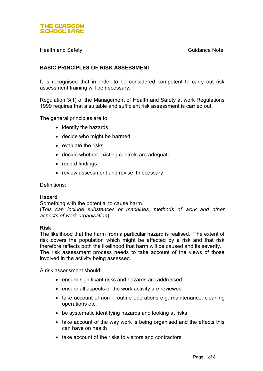 Basic Principles of Risk Assessment Guidance Note