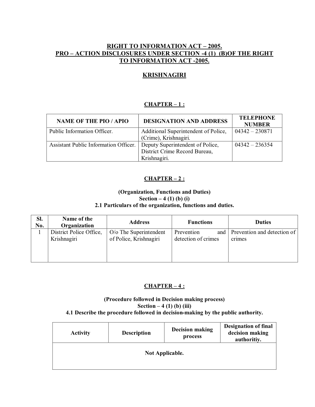 4 (1) (B)Of the Right to Information Act -2005. Krishnagiri