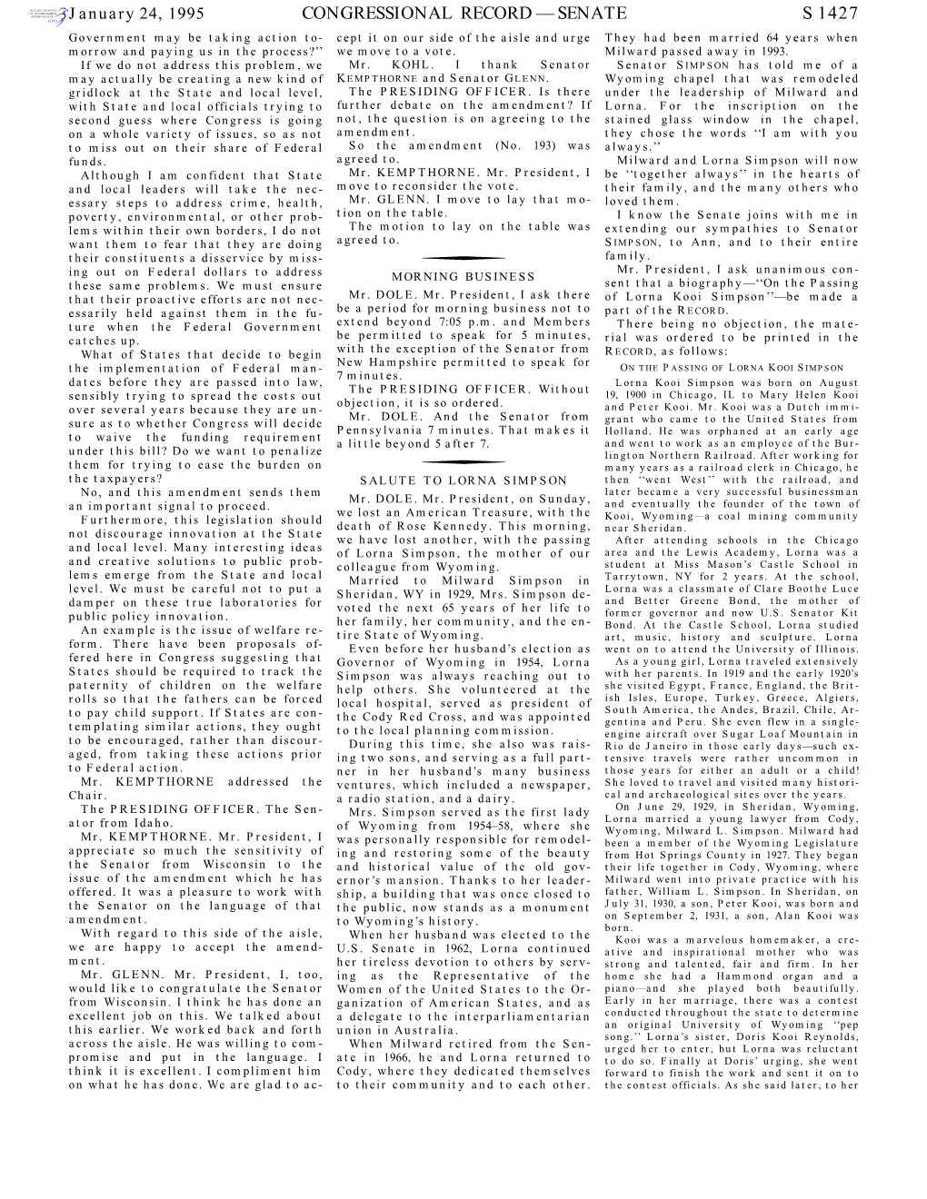 Congressional Record—Senate S 1427