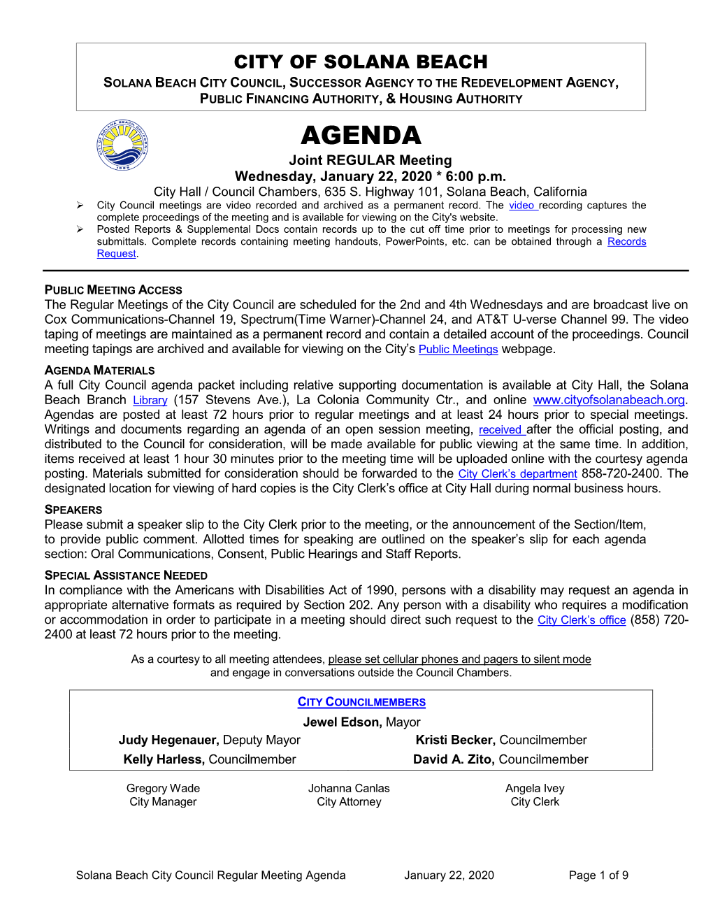 AGENDA Joint REGULAR Meeting Wednesday, January 22, 2020 * 6:00 P.M