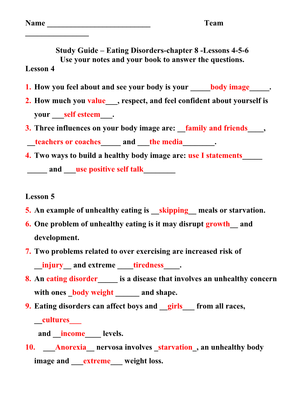 Study Guide Eating Disorders-Chapter 8 -Lessons 4-5-6