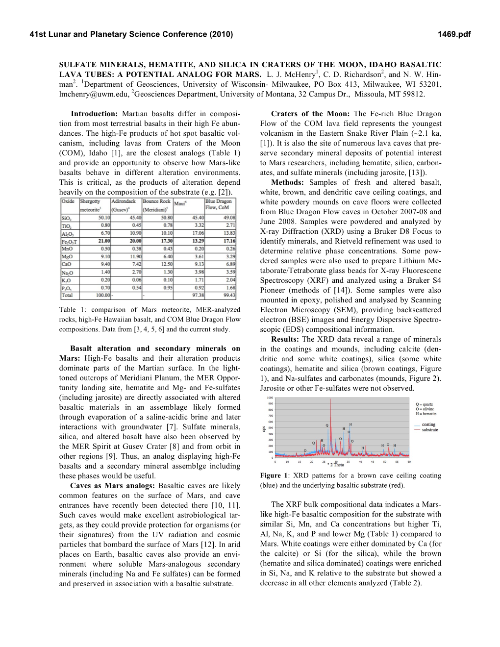 SULFATE MINERALS, HEMATITE, and SILICA in CRATERS of the MOON, IDAHO BASALTIC LAVA TUBES: a POTENTIAL ANALOG for MARS. L. J. Mchenry1, C